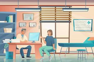 Doctors office concept in flat cartoon design. Therapist consults patient sitting at table, diagnoses and prescribes treatment. Medical services. Vector illustration with people scene background