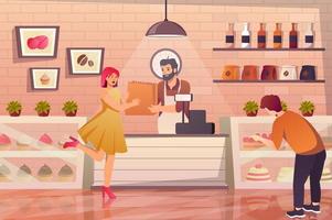 Bakery shop interior with buyers concept in flat cartoon design. Customers choose desserts in showcase and buy fresh pastries at checkout from seller. Vector illustration with people scene background