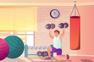Workout at gym concept in flat cartoon design. Man doing exercises with dumbbells in sports club, doing weightlifting and strength training at gym. Vector illustration with people scene background