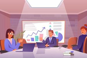 Work meeting businesspeople at office concept in flat cartoon design. Collegues discuss work tasks while sitting at table. Business communication. Vector illustration with people scene background