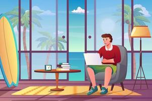 Freelance worker concept in flat cartoon design. Man freelancer works at laptop while sitting in room with huge window with tropical island sea view. Vector illustration with people scene background