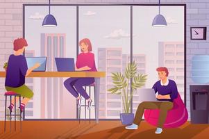 Coworking office concept in flat cartoon design. Employees work on laptops, colleagues sitting at workplaces in coworking. Collaboration and teamwork. Vector illustration with people scene background