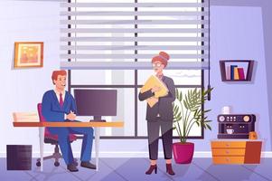 Office workers concept in flat cartoon design. Man works at computer, woman holds documents. Employees team communicate and discuss working tasks. Vector illustration with people scene background