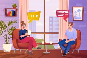 Psychologists office concept in flat cartoon design. Man patient talking to woman psychotherapist while sitting at armchairs. Mental health clinic. Vector illustration with people scene background