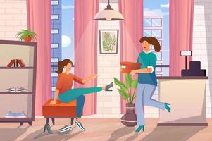 Shoes store concept in flat cartoon design. Woman buyer chooses and tries on different stylish shoes in boutique, seller carries boxes of footwears. Vector illustration with people scene background