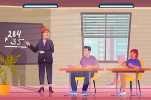 School class concept in flat cartoon design. Teenagers boy and girl sitting at desks in classroom, teacher explains lesson standing by blackboard. Vector illustration with people scene background