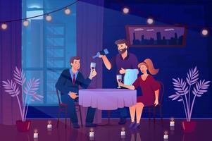 Romantic date concept in flat cartoon design. Loving man and woman drinking wine sitting at table in restaurant. Romantic evening in cafe for couple. Vector illustration with people scene background