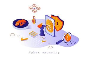 Cyber security concept in 3d isometric design. Protection of personal data on Internet, user identification by fingerprint scanner, web template with people scene. Vector illustration for webpage