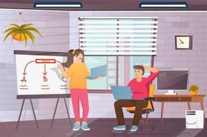 Startup office concept in flat cartoon design. Businessman and businesswoman launch new project and develop marketing strategy and attract investments. Vector illustration with people scene background