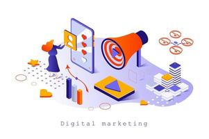 Digital marketing concept in 3d isometric design. Marketer doing data research and analysis, online advertising, business promotion, web template with people scene. Vector illustration for webpage