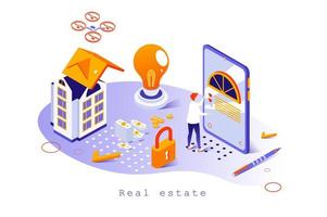 Real estate concept in 3d isometric design. Realtor buying and selling houses and apartments, building company, real estate business, web template with people scene. Vector illustration for webpage