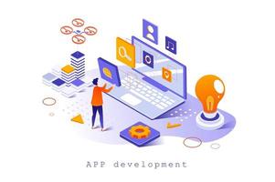 App development concept in 3d isometric design. Designer create interface for programs or applications. Developer programming software, web template with people scene. Vector illustration for webpage