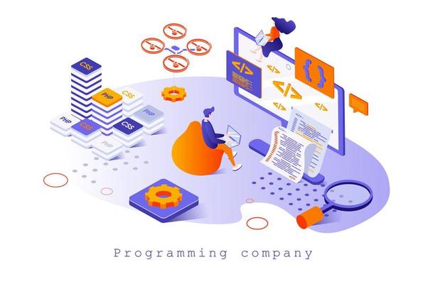 Programming company concept in 3d isometric design. Developer coding and testing, creates and optimizes programs, develops software, web template with people scene. Vector illustration for webpage