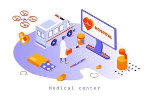 Medical center concept in 3d isometric design. Doctor receives patients in hospital, diagnosis and treatment, ambulance and pharmacy, web template with people scene. Vector illustration for webpage