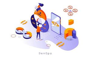 DevOps concept in 3d isometric design. Programming and development operations, working administration and workflow management service, web template with people scene. Vector illustration for webpage