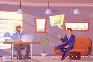 Work discussion concept in flat cartoon design. Men colleagues talk and discuss tasks in office. Business communication, teamwork and collaboration. Vector illustration with people scene background