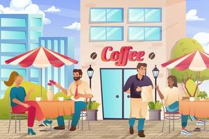 Street cafe exterior with visitors concept in flat cartoon design. Men and women drinking coffee sitting at tables outdoors, waiter serving customers. Vector illustration with people scene background
