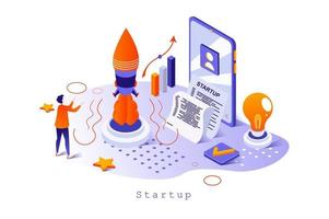 Startup concept in 3d isometric design. Businessman creates and launches new business, planning, management and investment attraction, web template with people scene. Vector illustration for webpage