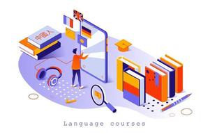 Language courses concept in 3d isometric design. Student studies foreign languages online, learns to speak and translate, reads books, web template with people scene. Vector illustration for webpage