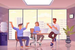 Startup team meeting in office concept in flat cartoon design. Men and women launch new project, planning, brainstorming, develop marketing strategy. Vector illustration with people scene background