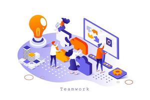 Teamwork concept in 3d isometric design. Colleagues work together on project, team building and collaboration, business development, web template with people scene. Vector illustration for webpage