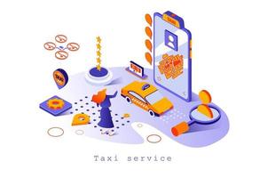 Taxi service concept in 3d isometric design. Online taxi booking in mobile application, driver search and trekking location, carsharing, web template with people scene. Vector illustration for webpage