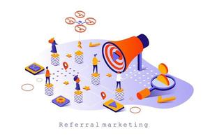 concepto de marketing de referencia en diseño isométrico 3d. refiera a un amigo, clientes leales que comparten información comercial, estrategia de promoción en línea, plantilla web con escena de personas. ilustración vectorial para página web vector