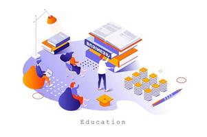 Education concept in 3d isometric design. Students and pupils read books, prepare for exams, gain knowledge in classroom, e-learning, web template with people scene. Vector illustration for webpage