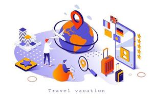 Travel vacation concept in 3d isometric design. Tourists go on vacation resort, fly by airplane other countries, global tourism trip, web template with people scene. Vector illustration for webpage