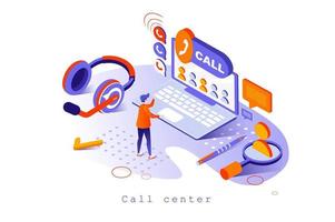 concepto de centro de llamadas en diseño isométrico 3d. el operador responde a las llamadas y mensajes de los clientes, soporte técnico y resolución de problemas, plantilla web con escena de personas. ilustración vectorial para página web