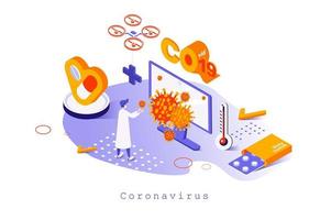Coronavirus concept in 3d isometric design. Scientist researches virus and develops vaccines and medicines for disease, stop covid-19, web template with people scene. Vector illustration for webpage
