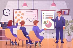 Business training concept in flat cartoon design. Coach making educational lecture or master class, employees improve their professional qualities. Vector illustration with people scene background