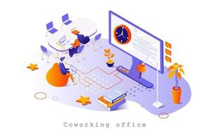 Coworking office concept in 3d isometric design. Colleagues work on laptops in open space, collaboration, communication and teamwork, web template with people scene. Vector illustration for webpage