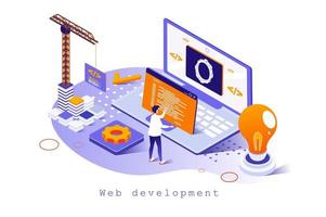 Web development concept in 3d isometric design. Designer works with code, interface engineering, programming, settings and optimizes pages, template with people scene. Vector illustration for webpage