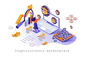 Cryptocurrency marketplace concept in 3d isometric design. Blockchain technology, bitcoin mining, buying and selling crypto money, web template with people scene. Vector illustration for webpage