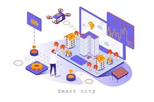Smart city concept in 3d isometric design. Futuristic cityscape with modern infrastructure, wi-fi technology and alternative energy, web template with people scene. Vector illustration for webpage