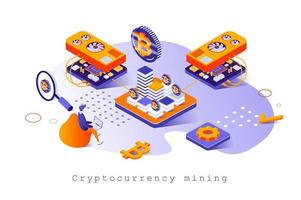 Cryptocurrency mining concept in 3d isometric design. Mining bitcoins and other crypto money on farm, trading, blockchain technology, web template with people scene. Vector illustration for webpage