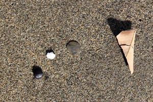 Three different stones and dry leaf on the sand texture. Summer beach background. photo