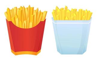 Crispy french fries in paper red and white box. Different shape of potato slices. Fastfood, junk food concept. Can be used as mockup. Stock vector illustration in cartoon realistic style