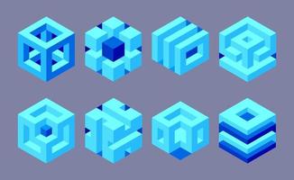 Set of 3d cubes made of blocks. The isometric cube turns in different angles. Math objects with mental tricks. Brain optical illusion. Symbol with three-dimensional effect.