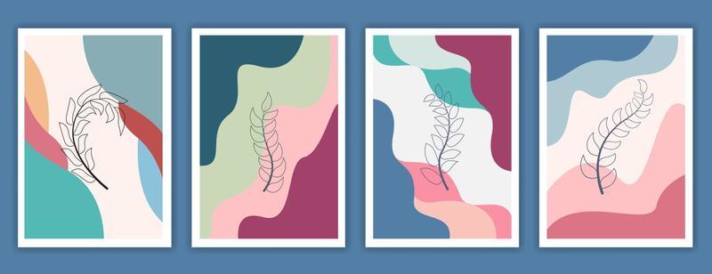 Botanical wall art. Abstract organic vector shapes, leaves, plants. Set of natural templates, covers, posters, greeting cards, frames, backgrounds in doodle style. Simple, stylish, minimal design.