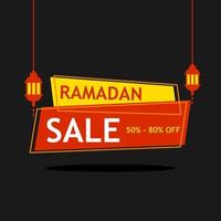 Ramadan sale offer banner or poster design with hanging lanternst on white background. vector
