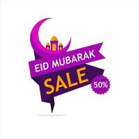 Eid Mubarak, Sale Banner Design with Crescent moon, mosque and flat 50 percent off offer. vector
