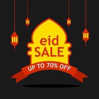 Eid sale, poster, banner or flyer design with mosque shape and hanging lanterns. Upto 70 percent off offers vector