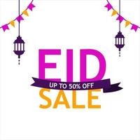 text Eid Sale with upto 50 percent off offers on hanging lanterns white background vector