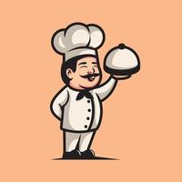 Fat chef with mustache holding serving plate