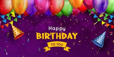happy birthday colorful banner background decoration with balloons and party cap vector