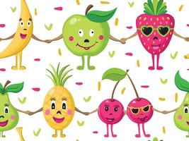 personajes de dibujos animados tomados de la mano. patrón impecable con fruta amistosa. bayas y frutas de verano toman el sol. vector