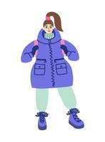 A girl in casual sportswear. A sports down jacket with a drawstring and pockets, a backpack, sweatpants and sneakers on a platform with fur Hair tied in a ponytail. vector