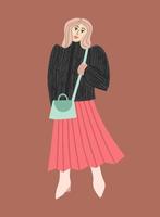 A woman in a winter black fur coat, a pleated skirt and a shoulder bag vector